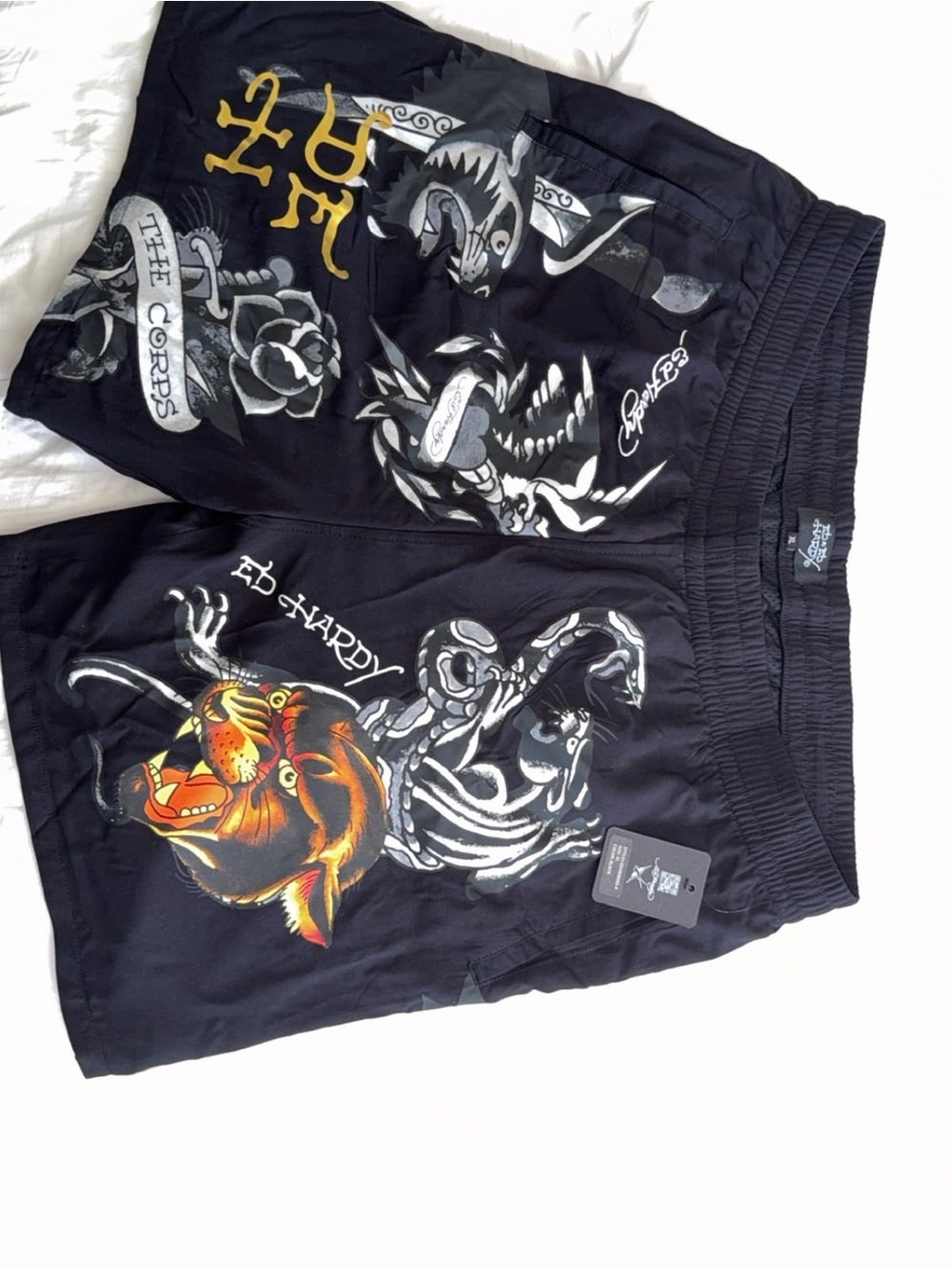 Ed Hardy Black Men's Graphic Athletic Shorts with Orange Tiger Detail